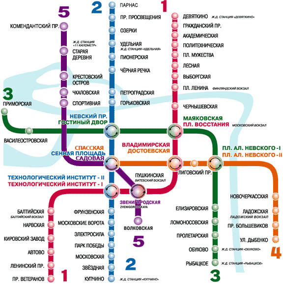 Схема Петербургского метро на 2007 год (наведите курсор на станцию)